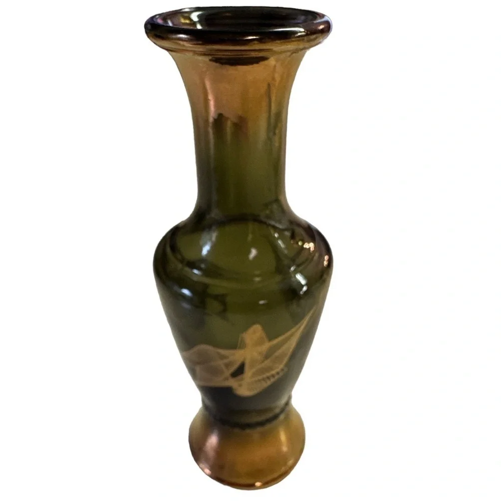 Midcentury Modern Green and Gold Smoked Wheatonware Bud Vase